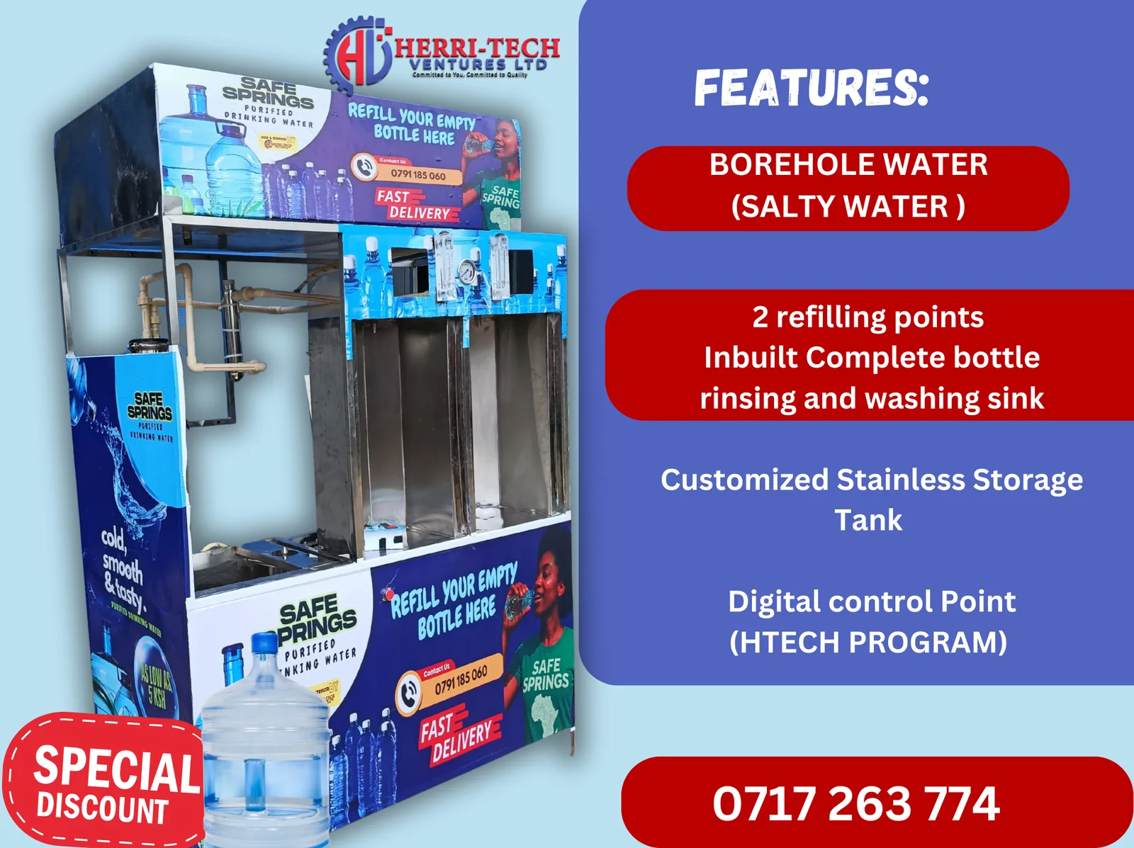 125 LPH  H-Tech RO  Vending  Machine