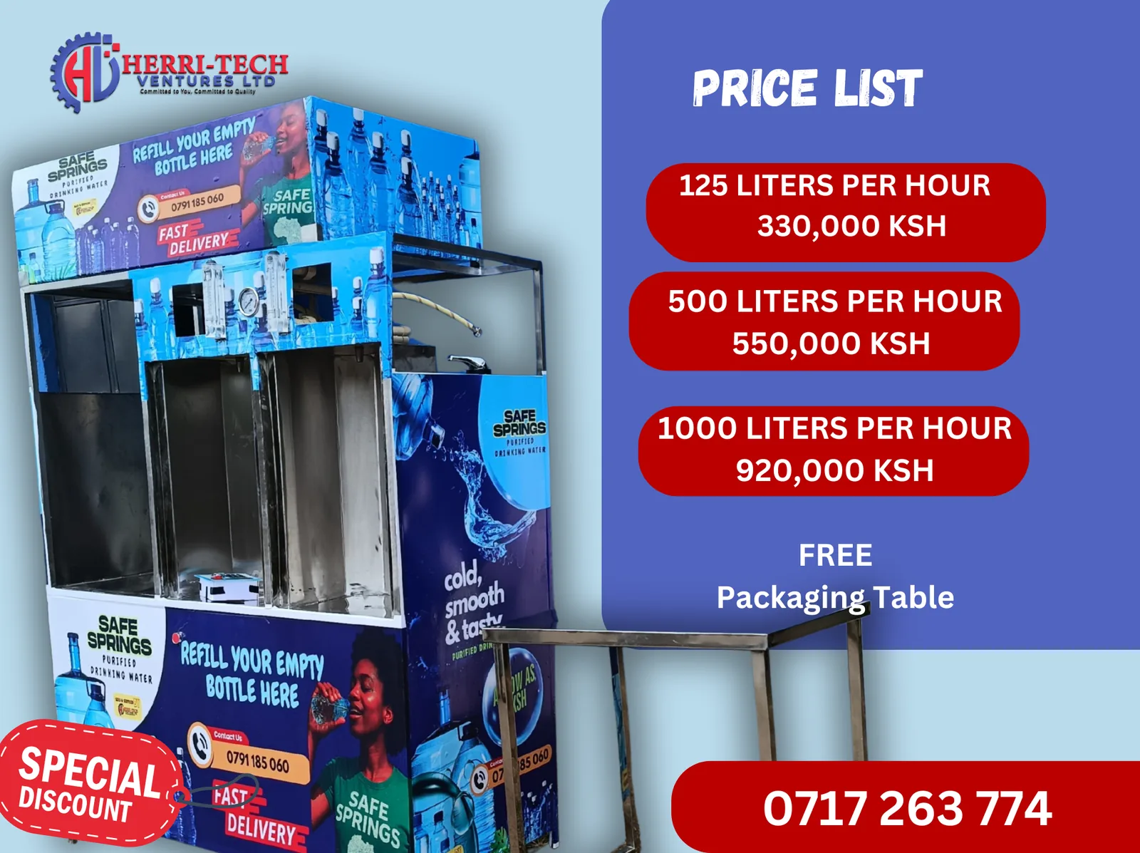 125 LPH  H-Tech RO  Vending  Machine