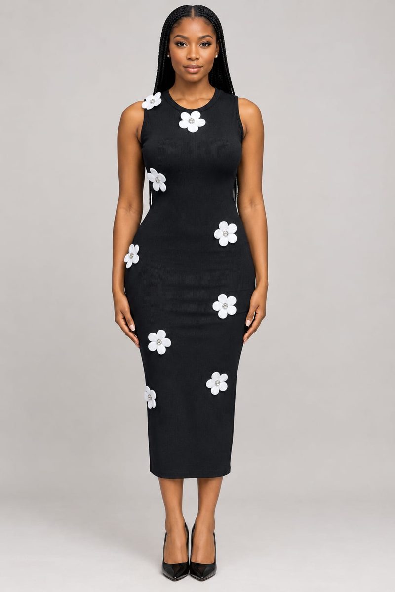 Flower Applique Sleeveless Midi Dress