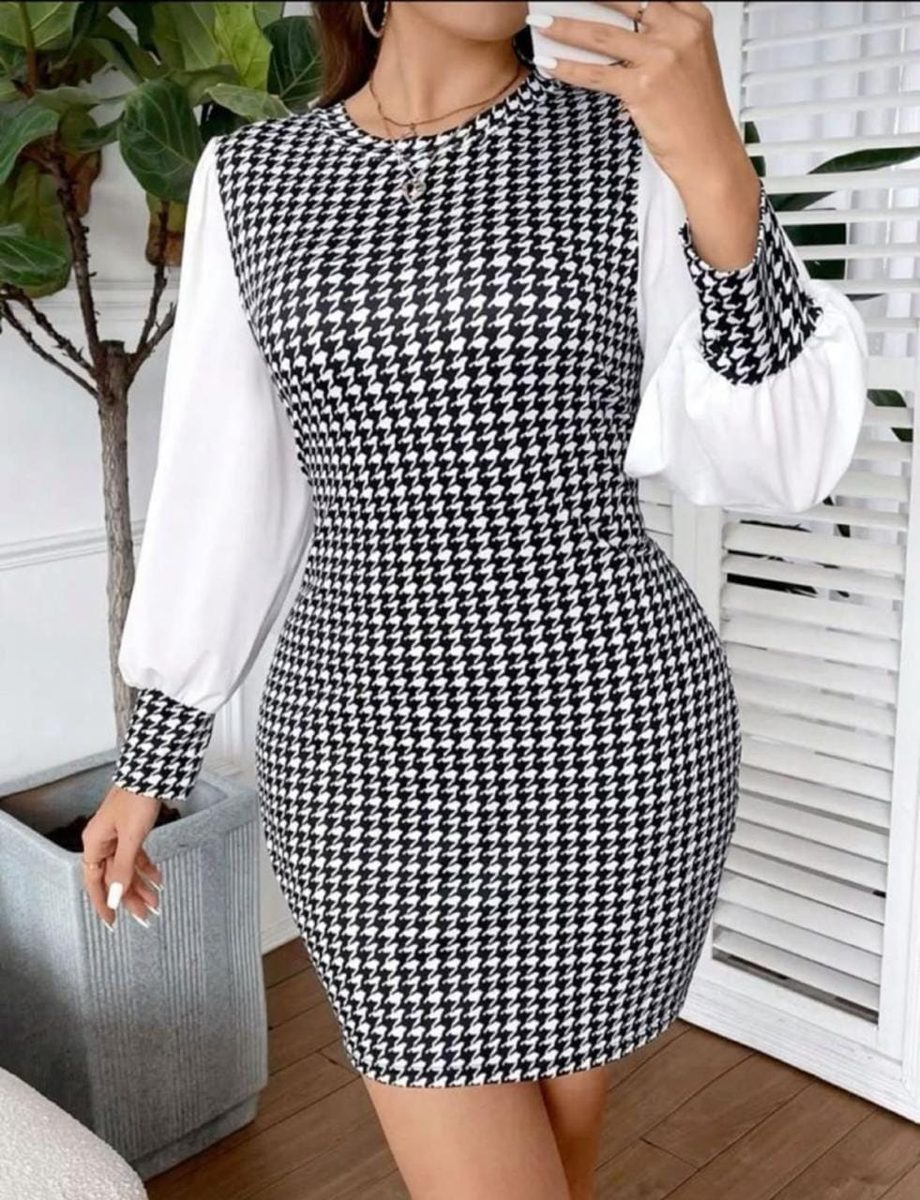 Houndstooth Bodycon Mini Dress with White Balloon Sleeves