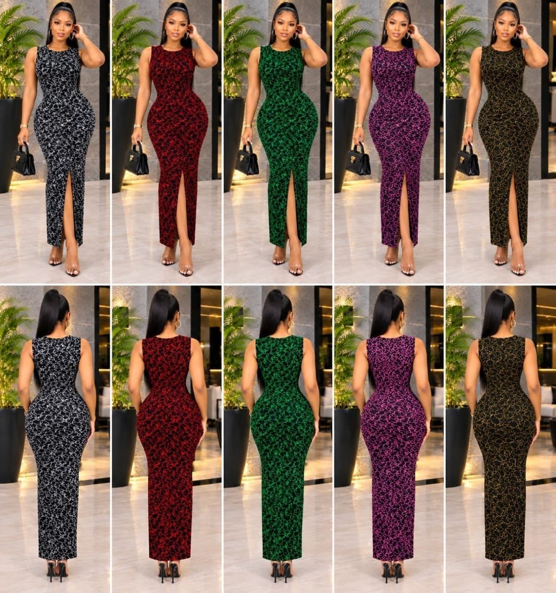 Printed Sleeveless Bodycon Maxi Dress with Front Slit