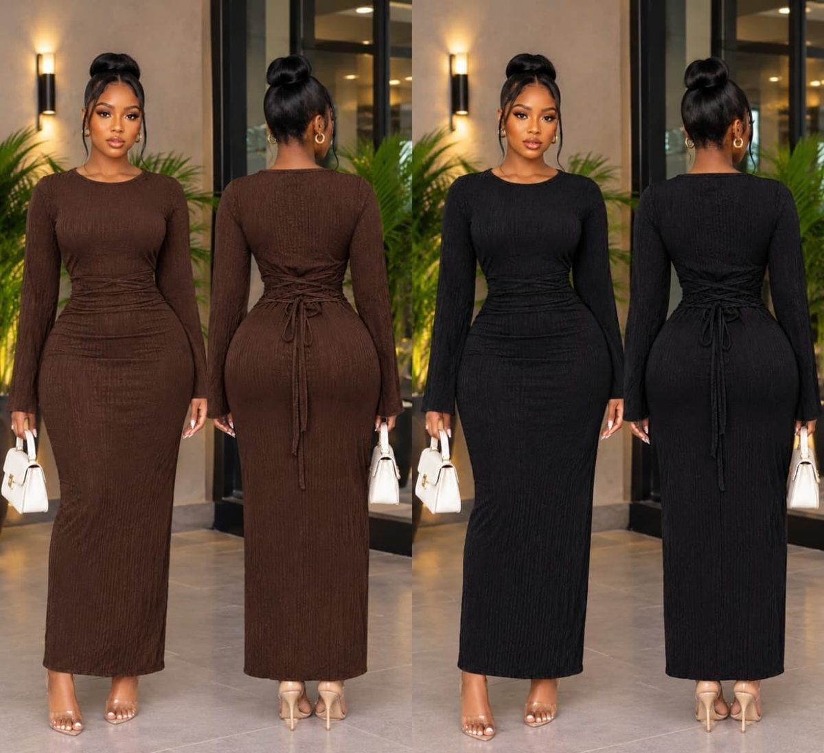 Ribbed Long-Sleeve Lace-Up Back Maxi Dress
