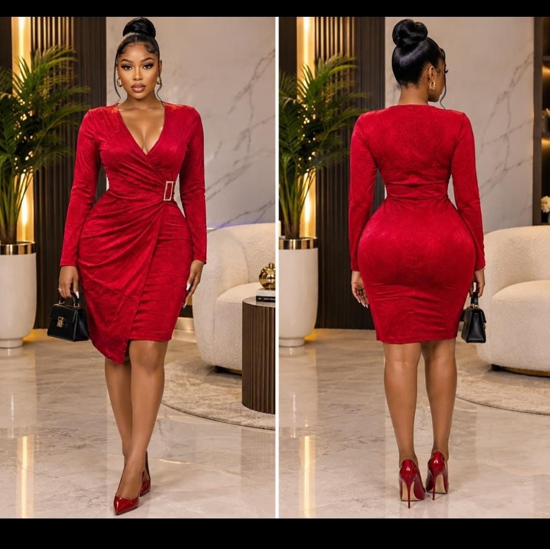 Ruched V-Neck Bodycon Dress with Buckle