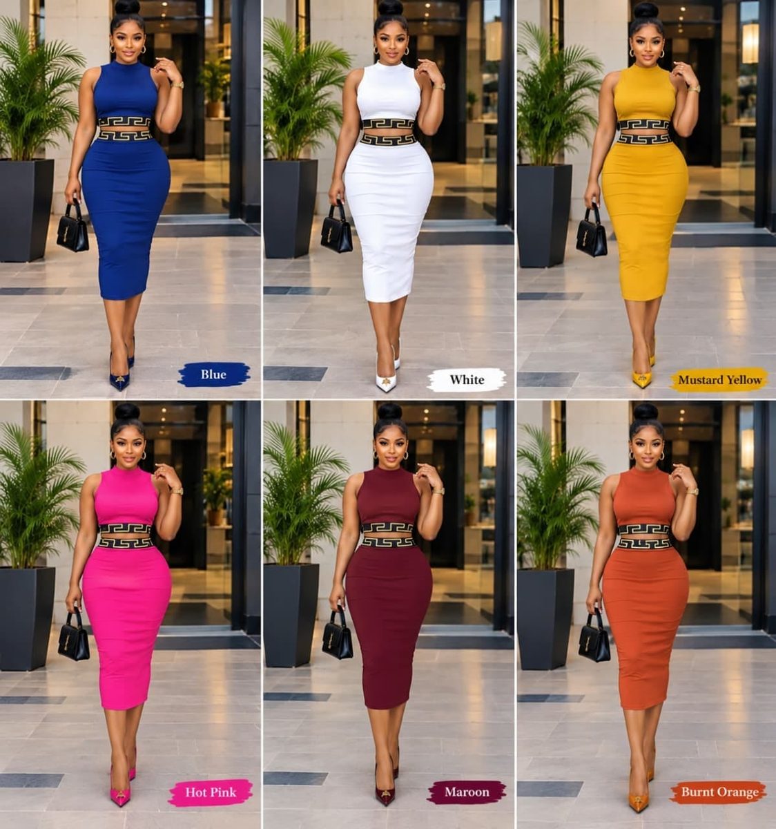 Sleeveless Bodycon Midi Dress with Print Waist Band