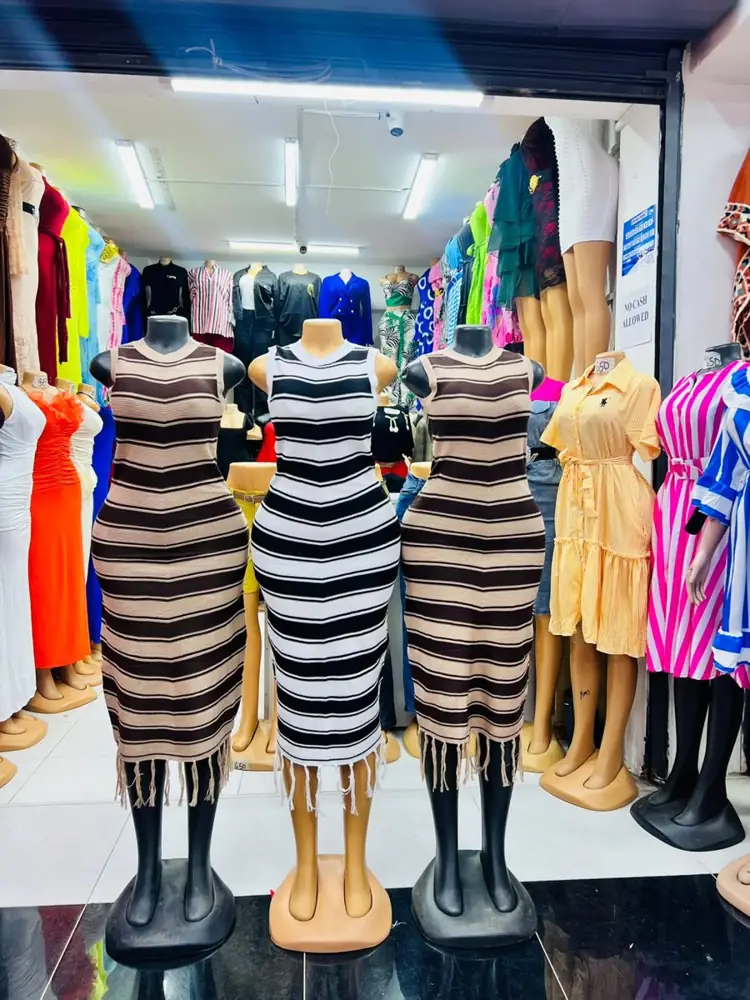 Striped Sleeveless Knit Midi Dress with Fringe Hem