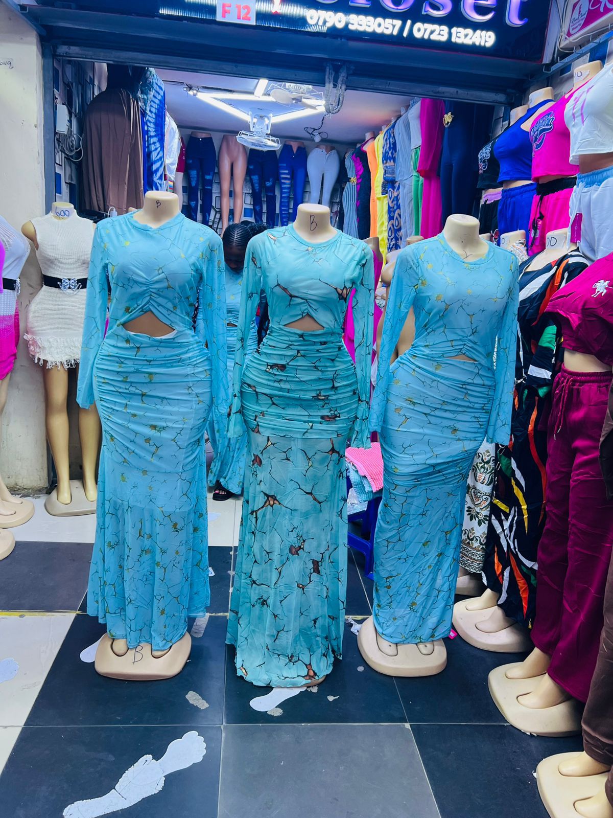 Aqua Marble Print Ruched Cutout Maxi Dress – Teal Gold | Bodycon Set Kenya