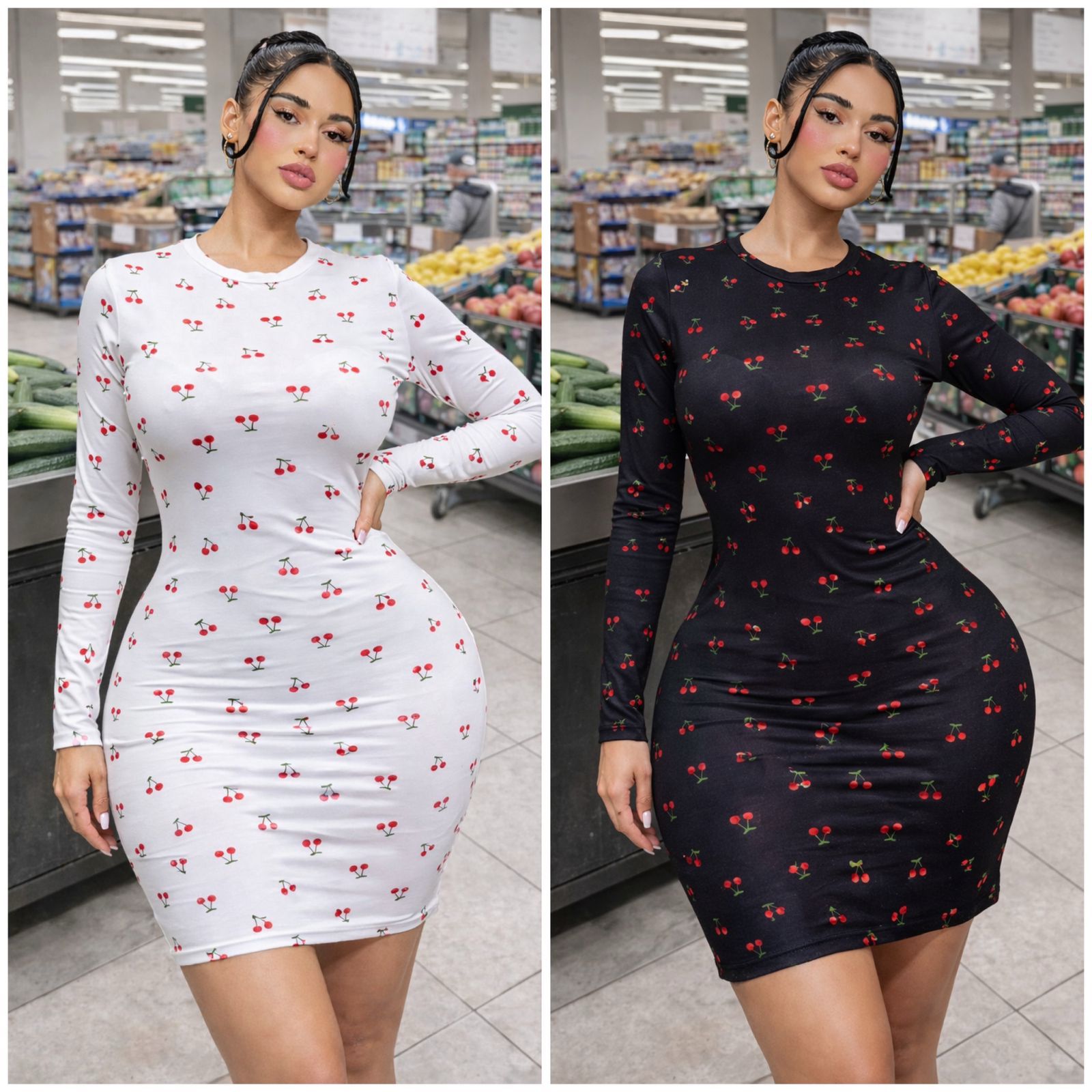Cherry Print Long Sleeve Bodycon Mini Dress – White & Black | Cute Dress Kenya