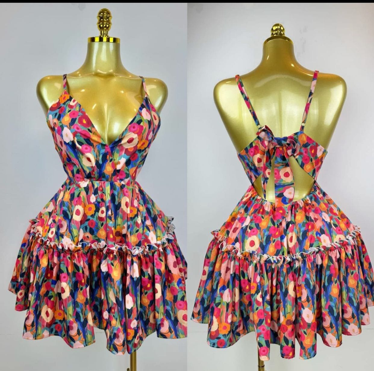 Colorful Floral Open-Back Ruffle Mini Dress – Women's Backless Sundress