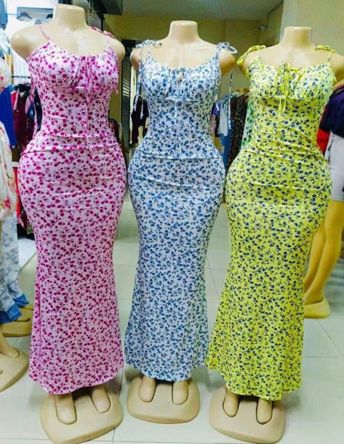 Women's Floral Spaghetti Strap Bodycon Maxi Dress – Pink Blue Yellow