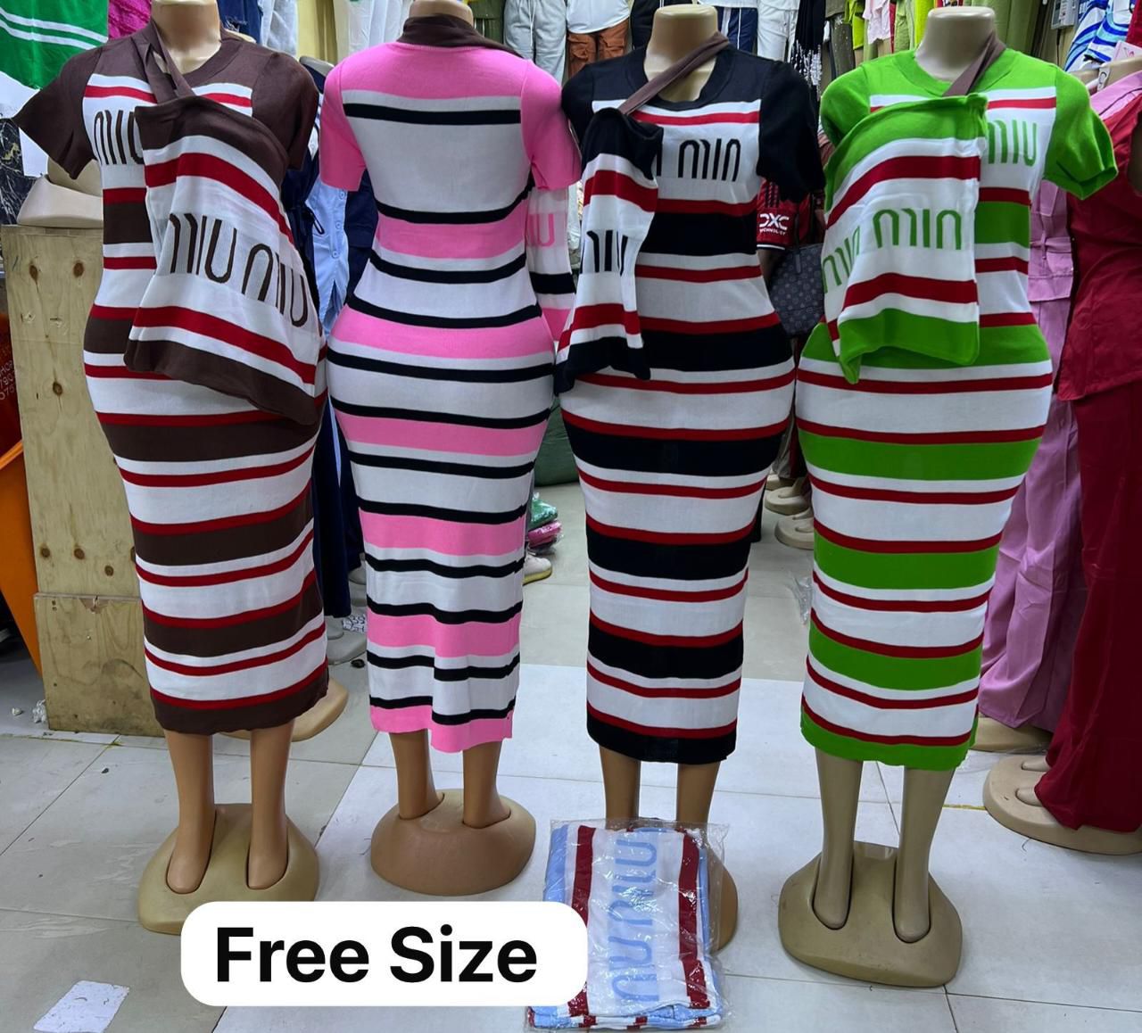 MIU MIU Striped Bodycon Midi Dress Free Size – Brown Pink Black Green