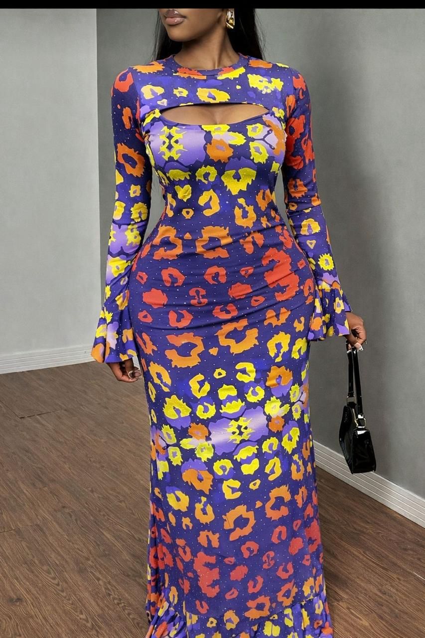 Purple Leopard Print Long Sleeve Cutout Maxi Dress – Bold Party Dress Kenya