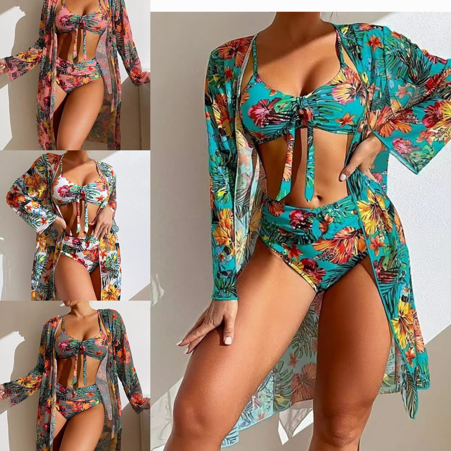 Tropical Floral 3-Piece Bikini Set with Coverup – Teal Swimwear Kenya