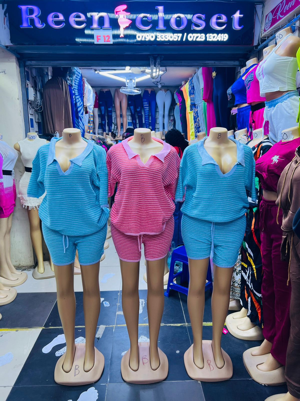 Women's Waffle Knit Polo Short Set – Top & Shorts 2-Piece Co-ord | Blue Pink
