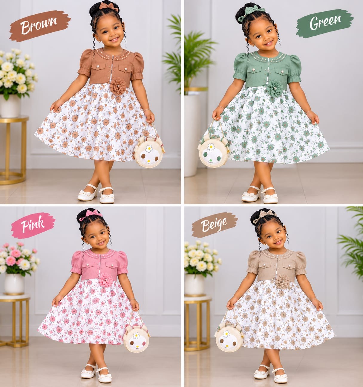 Girls' Balloon Dress with Flower Brooch & Round Bag, Size 60–90 (4 Colours)