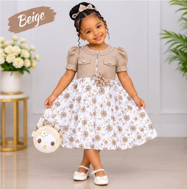 Girls' Balloon Dress with Flower Brooch & Round Bag, Size 60–90 (4 Colours)
