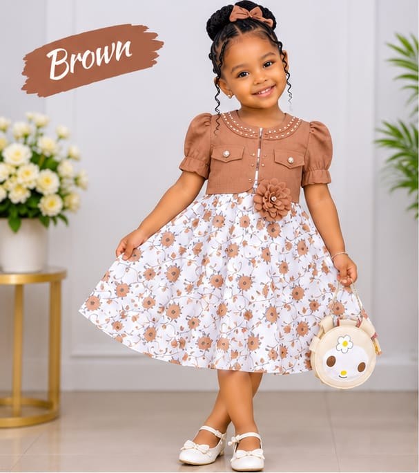 Girls' Balloon Dress with Flower Brooch & Round Bag, Size 60–90 (4 Colours)