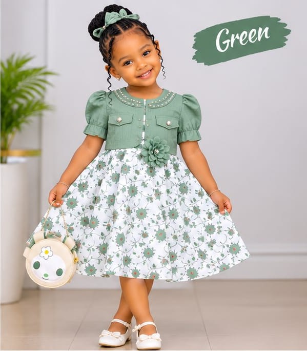 Girls' Balloon Dress with Flower Brooch & Round Bag, Size 60–90 (4 Colours)