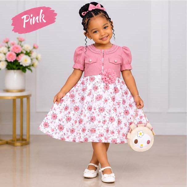 Girls' Balloon Dress with Flower Brooch & Round Bag, Size 60–90 (4 Colours)