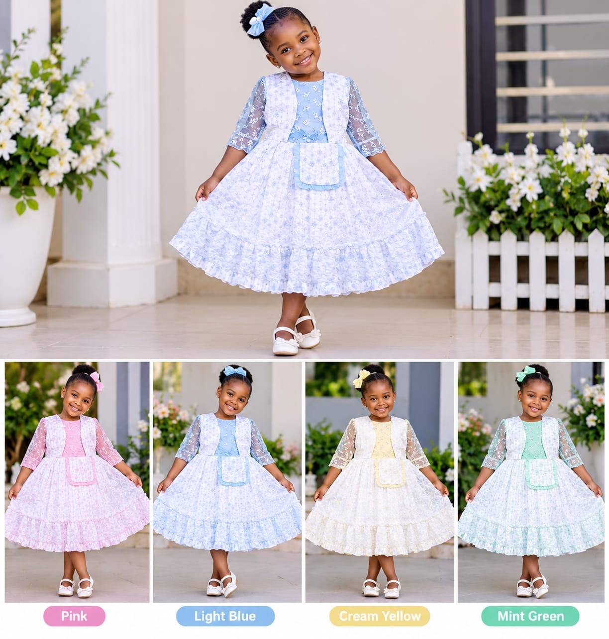 Girls' Eyelet Lace Dress with Vest & Sheer Sleeves (4 Colours)