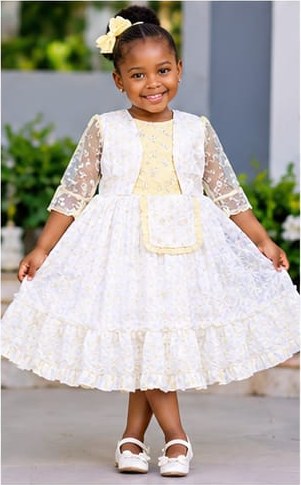 Girls' Eyelet Lace Dress with Vest & Sheer Sleeves (4 Colours)