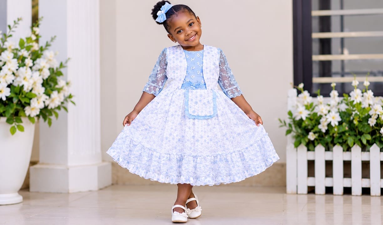 Girls' Eyelet Lace Dress with Vest & Sheer Sleeves (4 Colours)