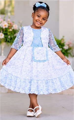 Girls' Eyelet Lace Dress with Vest & Sheer Sleeves (4 Colours)