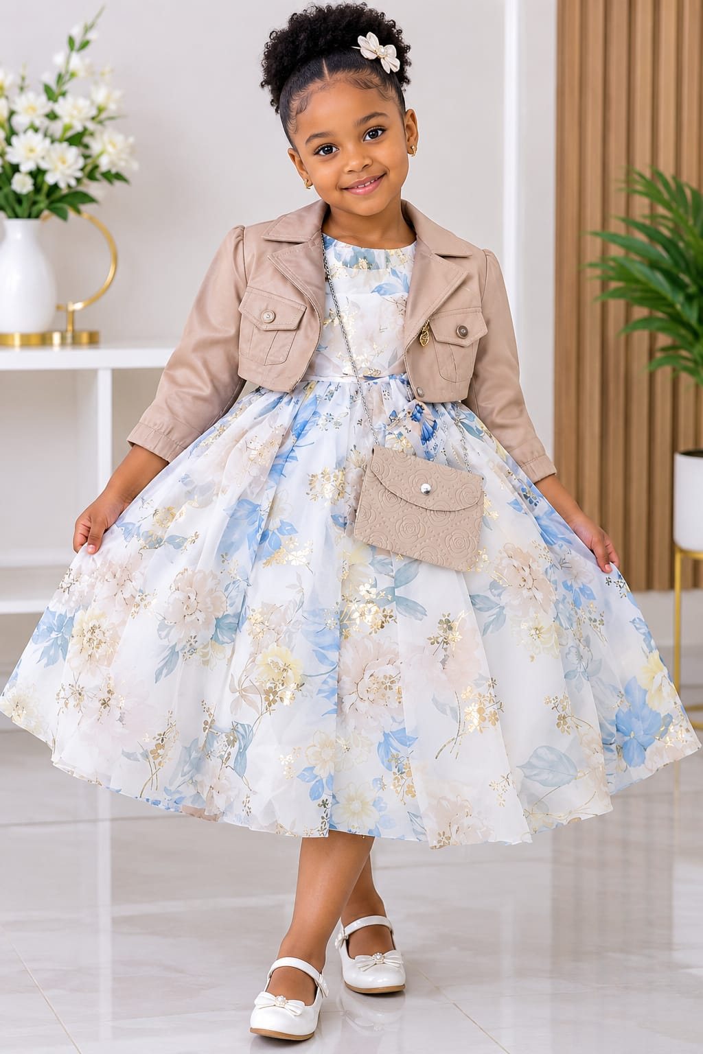 Girls' Floral Dress with Leather-Look Jacket & Mini Bag (4 Colours)
