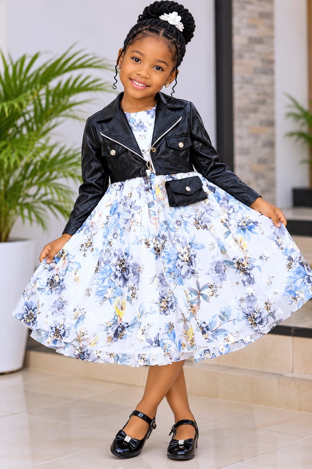 Girls' Floral Dress with Leather-Look Jacket & Mini Bag (4 Colours)