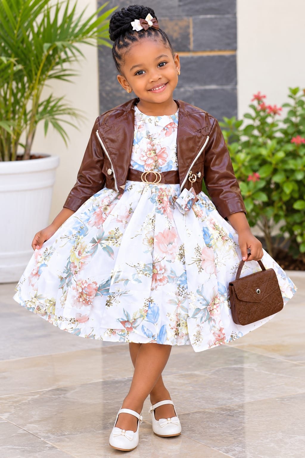 Girls' Floral Dress with Leather-Look Jacket & Mini Bag (4 Colours)