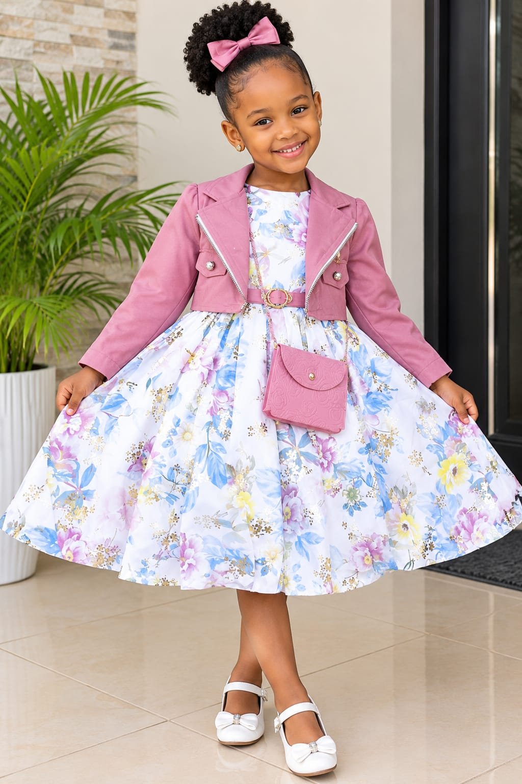 Girls' Floral Dress with Leather-Look Jacket & Mini Bag (4 Colours)