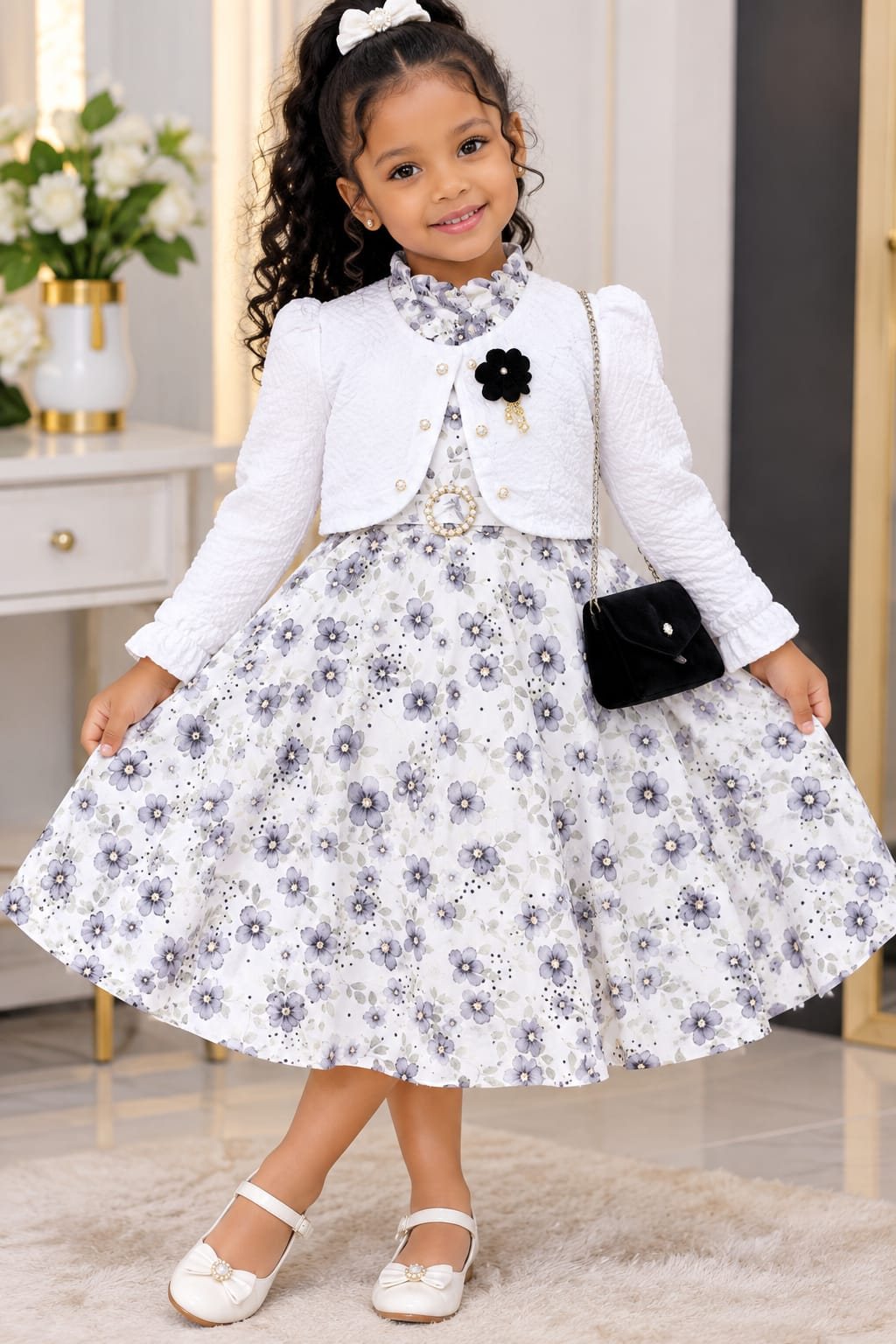 Girls' Floral Dress with White Jacket & Mini Bag Set (3 Prints)