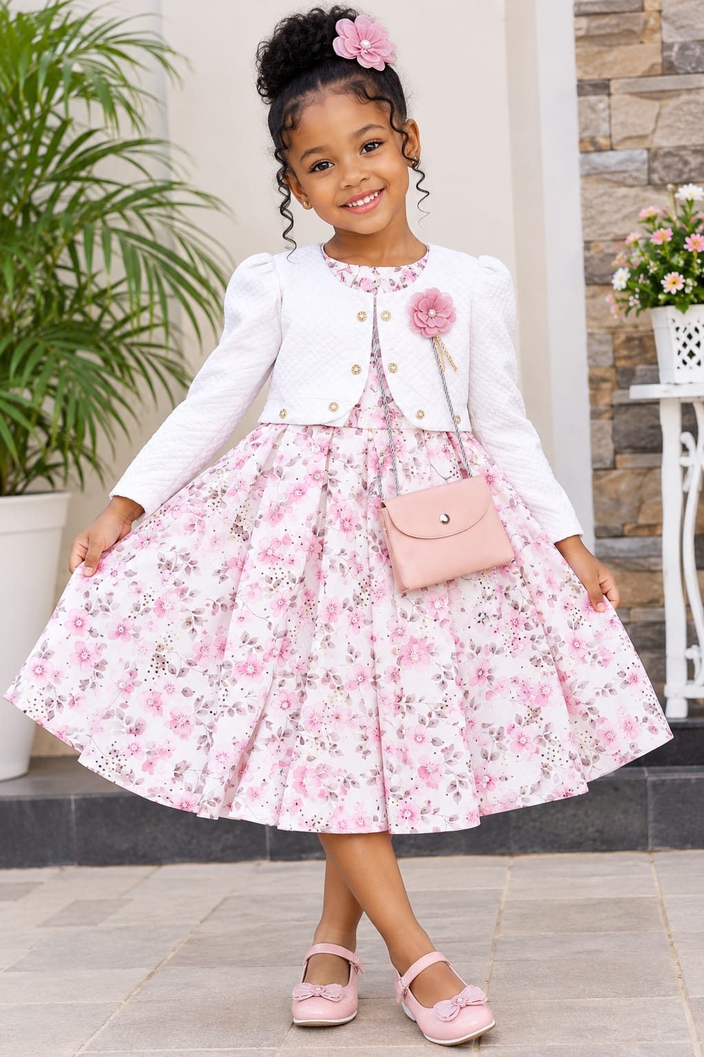 Girls' Floral Dress with White Jacket & Mini Bag Set (3 Prints)