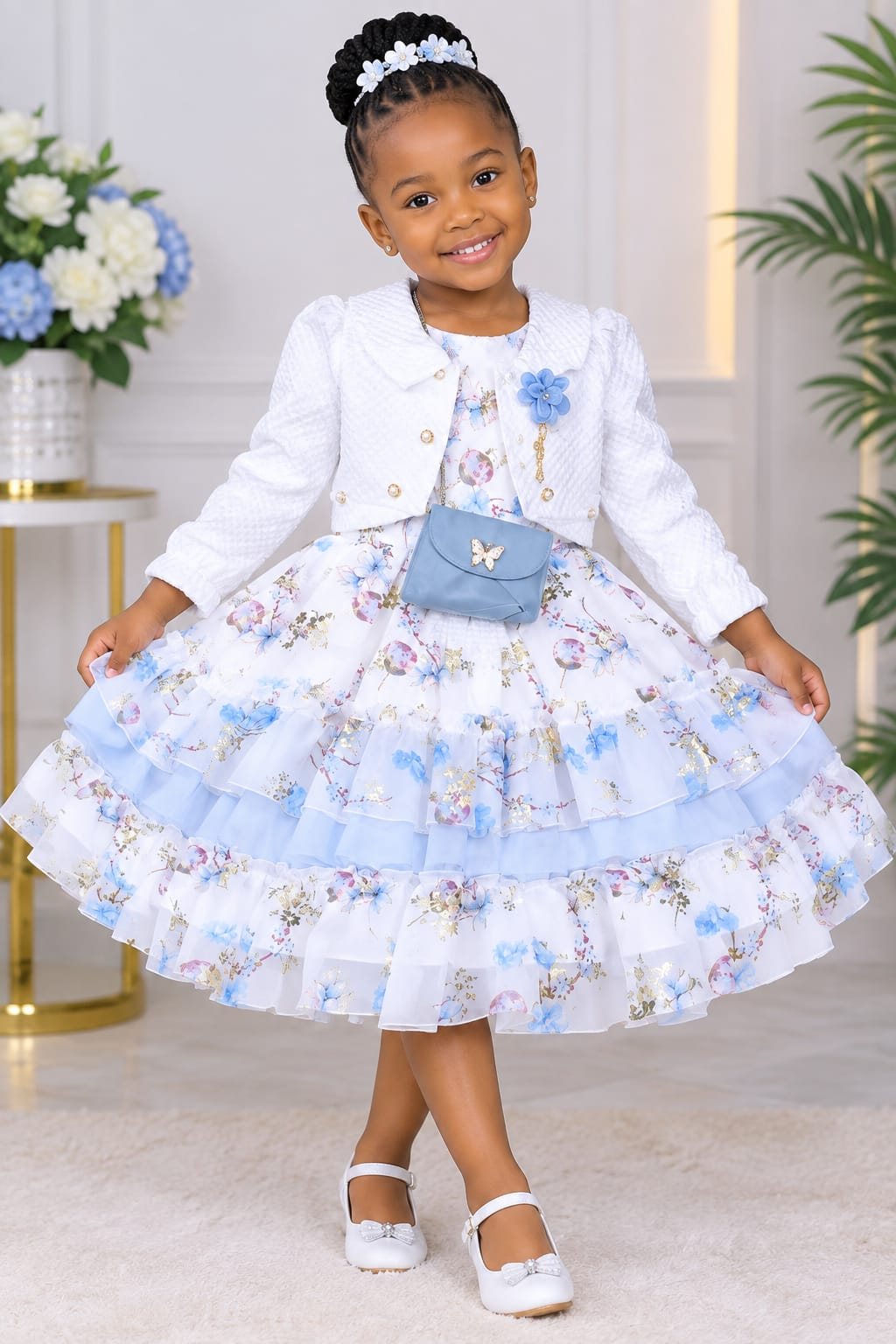 Girls' Floral Dress with White Jacket & Mini Bag (Assorted Prints)