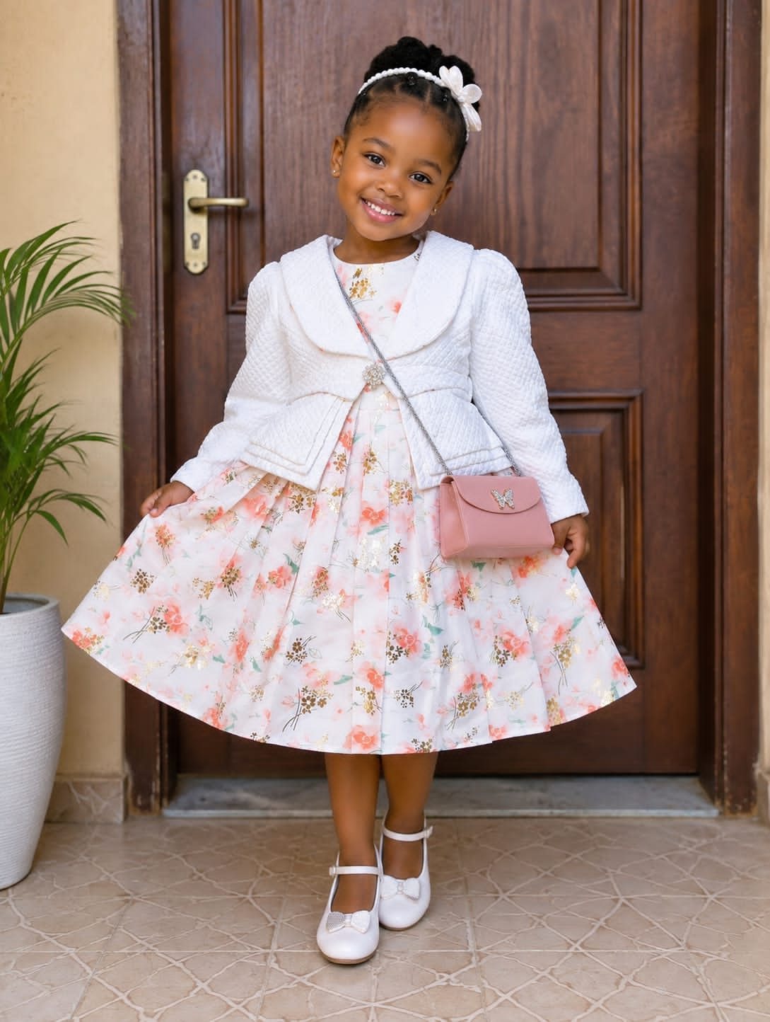 Girls' Floral Dress with White Jacket & Mini Bag (Assorted Prints)