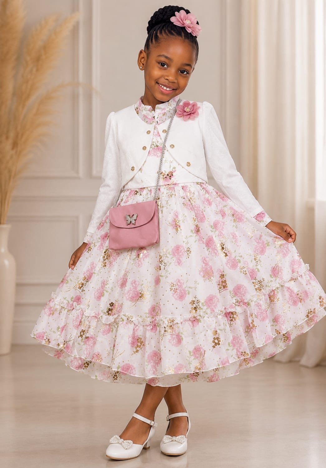 Girls' Floral Dress with White Jacket & Mini Bag (Assorted Prints)