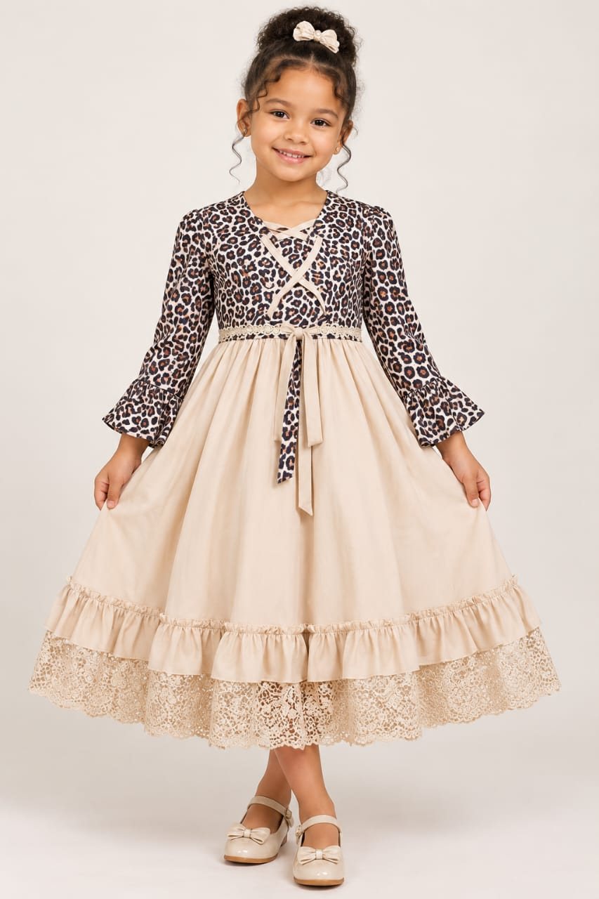 Girls' Leopard-Sleeve Lace-Up Dress with Lace Hem (4 Colours)