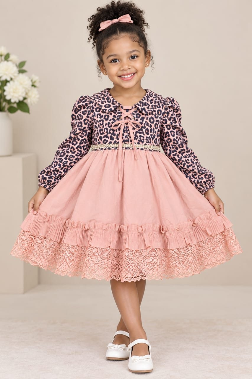 Girls' Leopard-Sleeve Lace-Up Dress with Lace Hem (4 Colours)