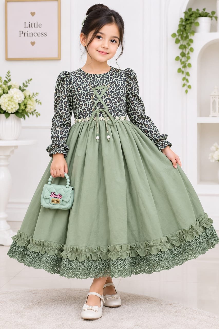 Girls' Leopard-Sleeve Lace-Up Dress with Lace Hem (4 Colours)