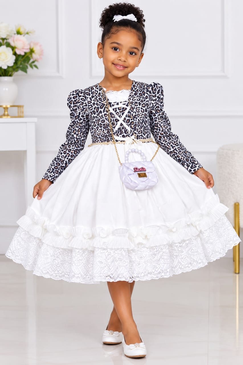 Girls' Leopard-Sleeve Lace-Up Dress with Lace Hem (4 Colours)