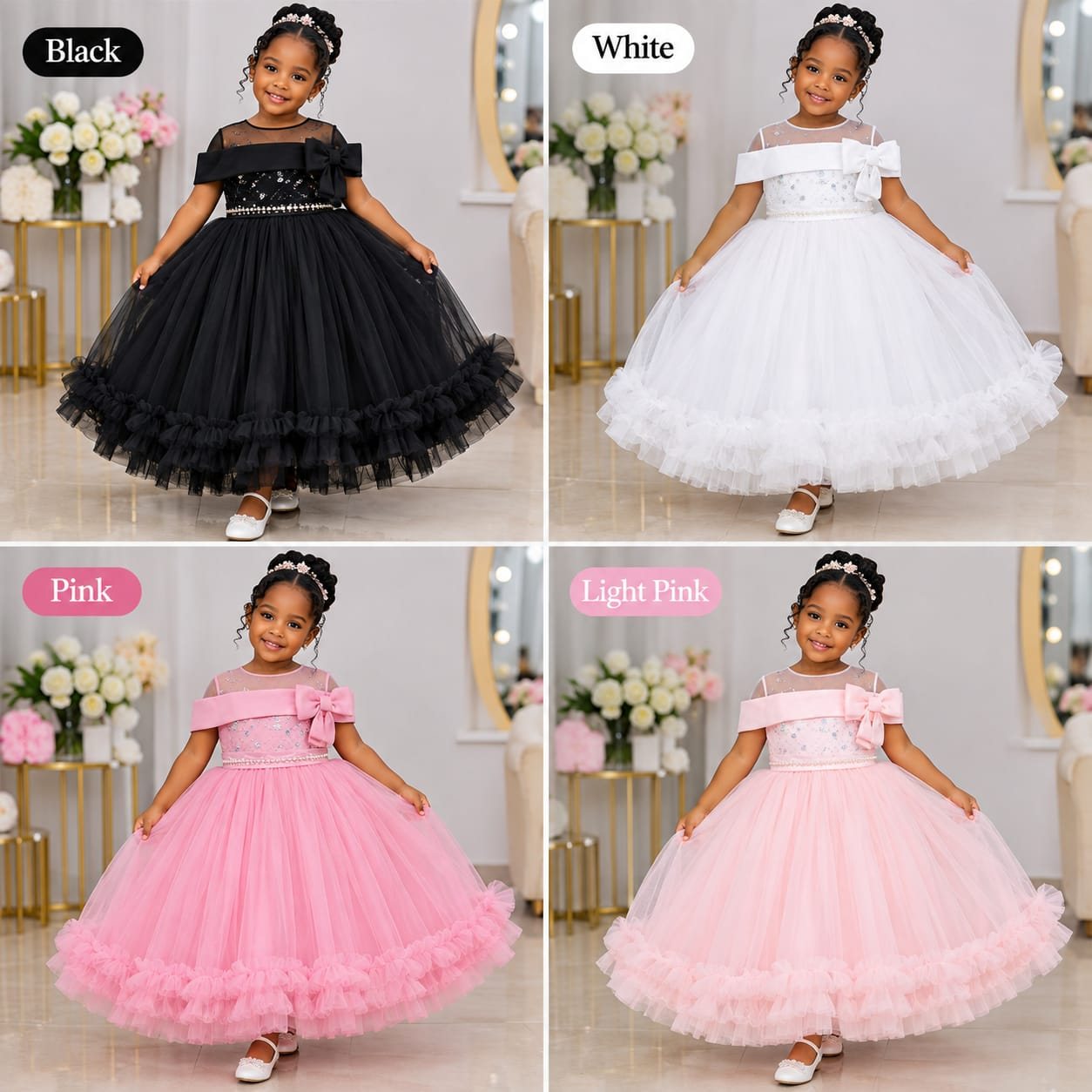 Girls' Off-Shoulder Bow Tulle Ball Gown (Black / White / Pink / Light Pink)