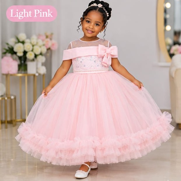 Girls' Off-Shoulder Bow Tulle Ball Gown (Black / White / Pink / Light Pink)