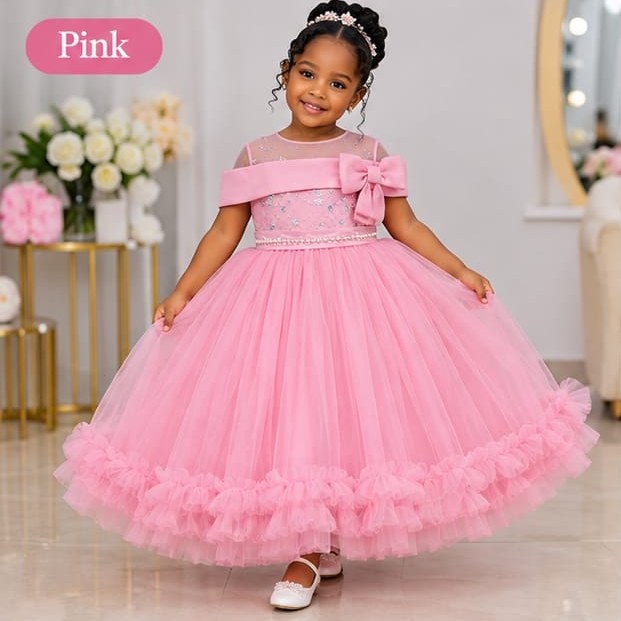 Girls' Off-Shoulder Bow Tulle Ball Gown (Black / White / Pink / Light Pink)