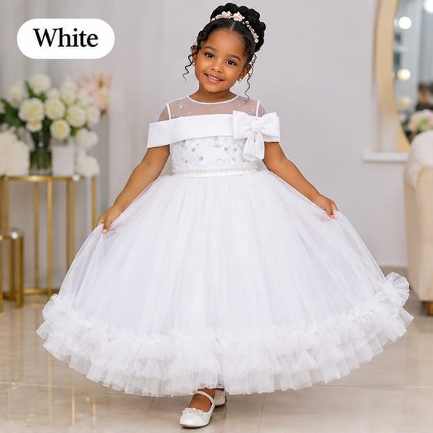 Girls' Off-Shoulder Bow Tulle Ball Gown (Black / White / Pink / Light Pink)