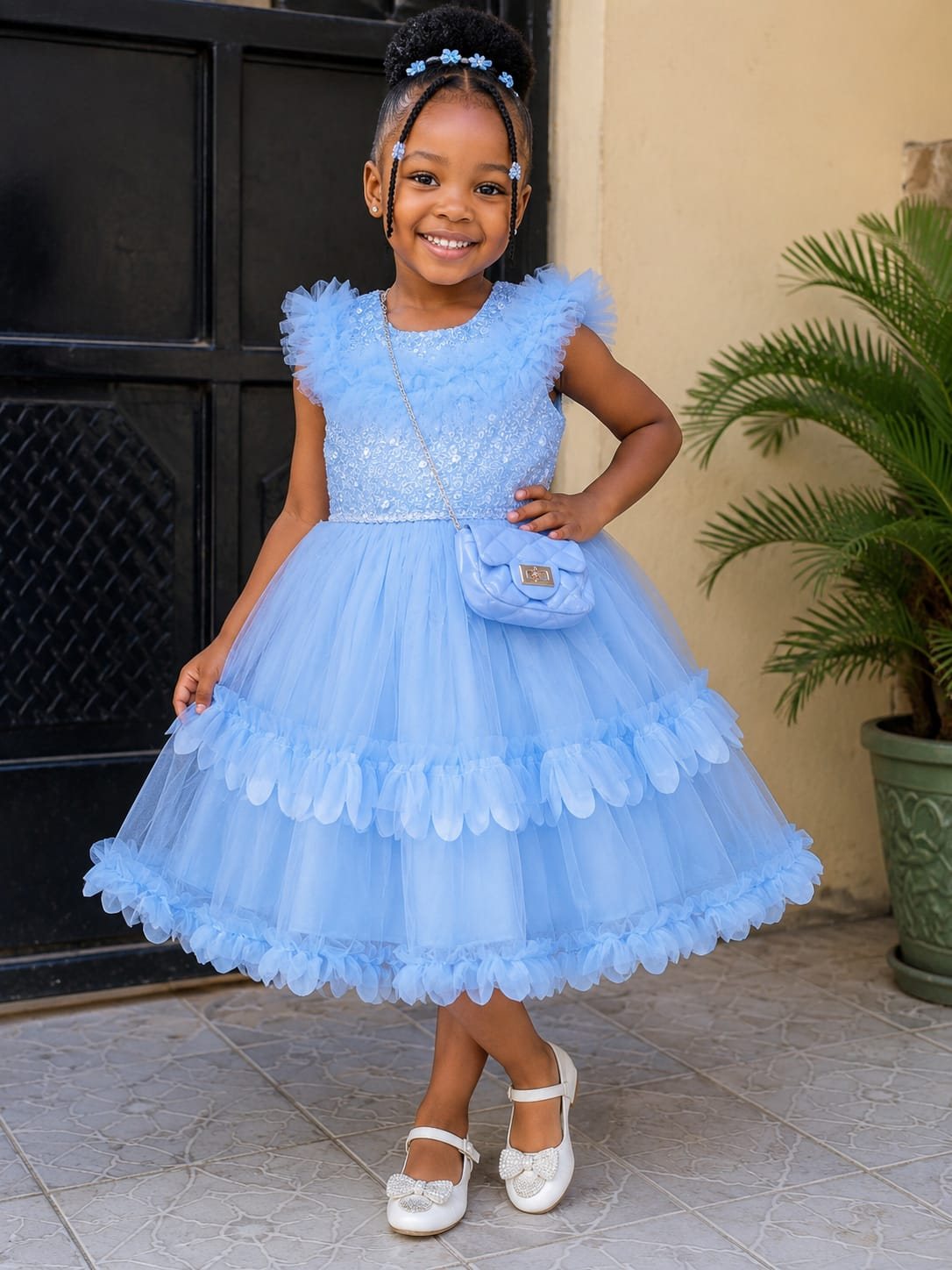 Girls' Puff-Sleeve Tulle Dress with Lace Tiers (Cream / White / Blue)
