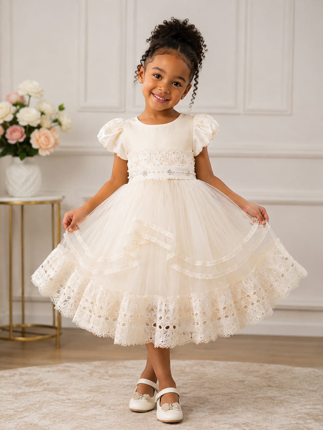 Girls' Puff-Sleeve Tulle Dress with Lace Tiers (Cream / White / Blue)