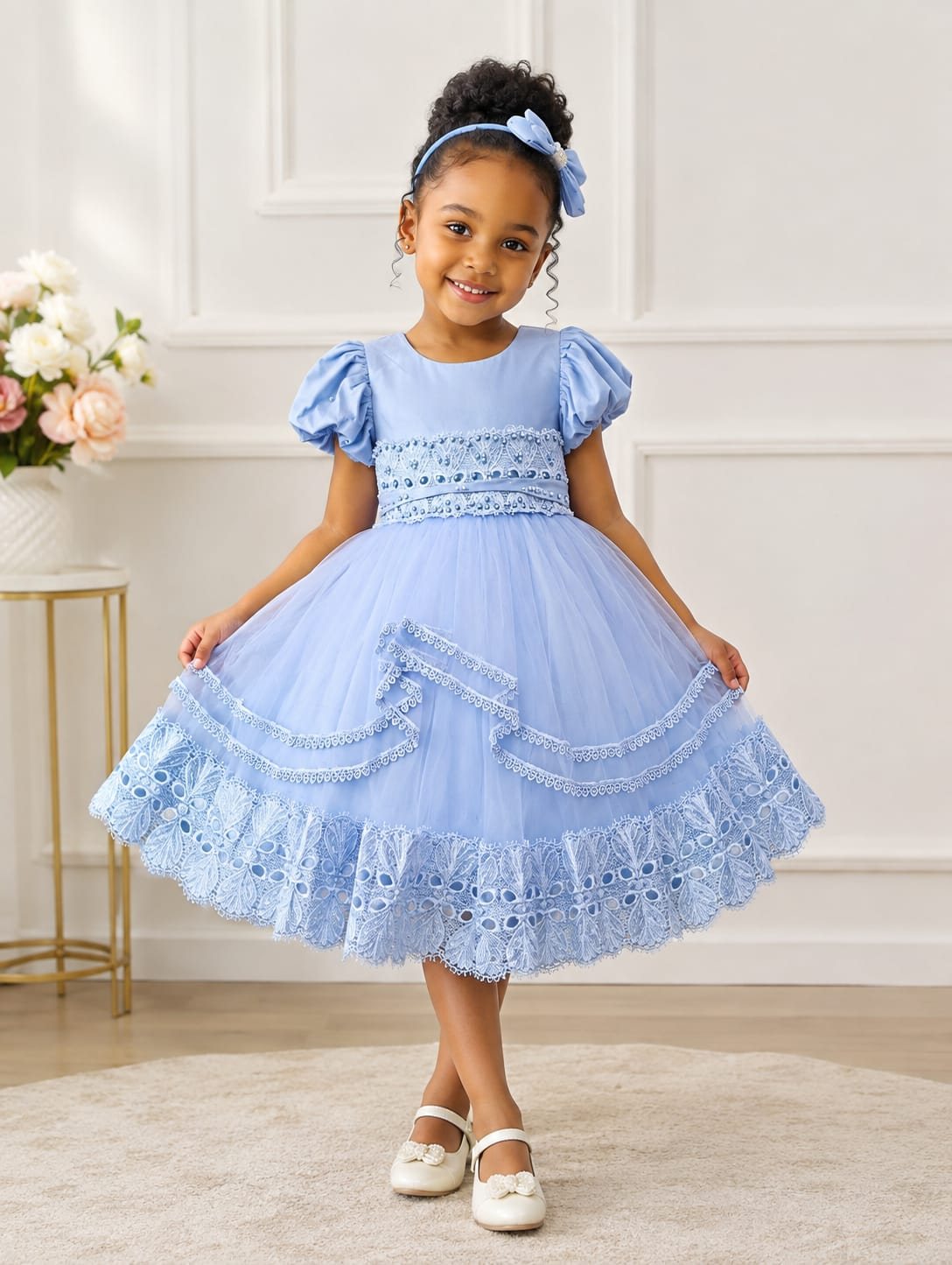 Girls' Puff-Sleeve Tulle Dress with Lace Tiers (Cream / White / Blue)