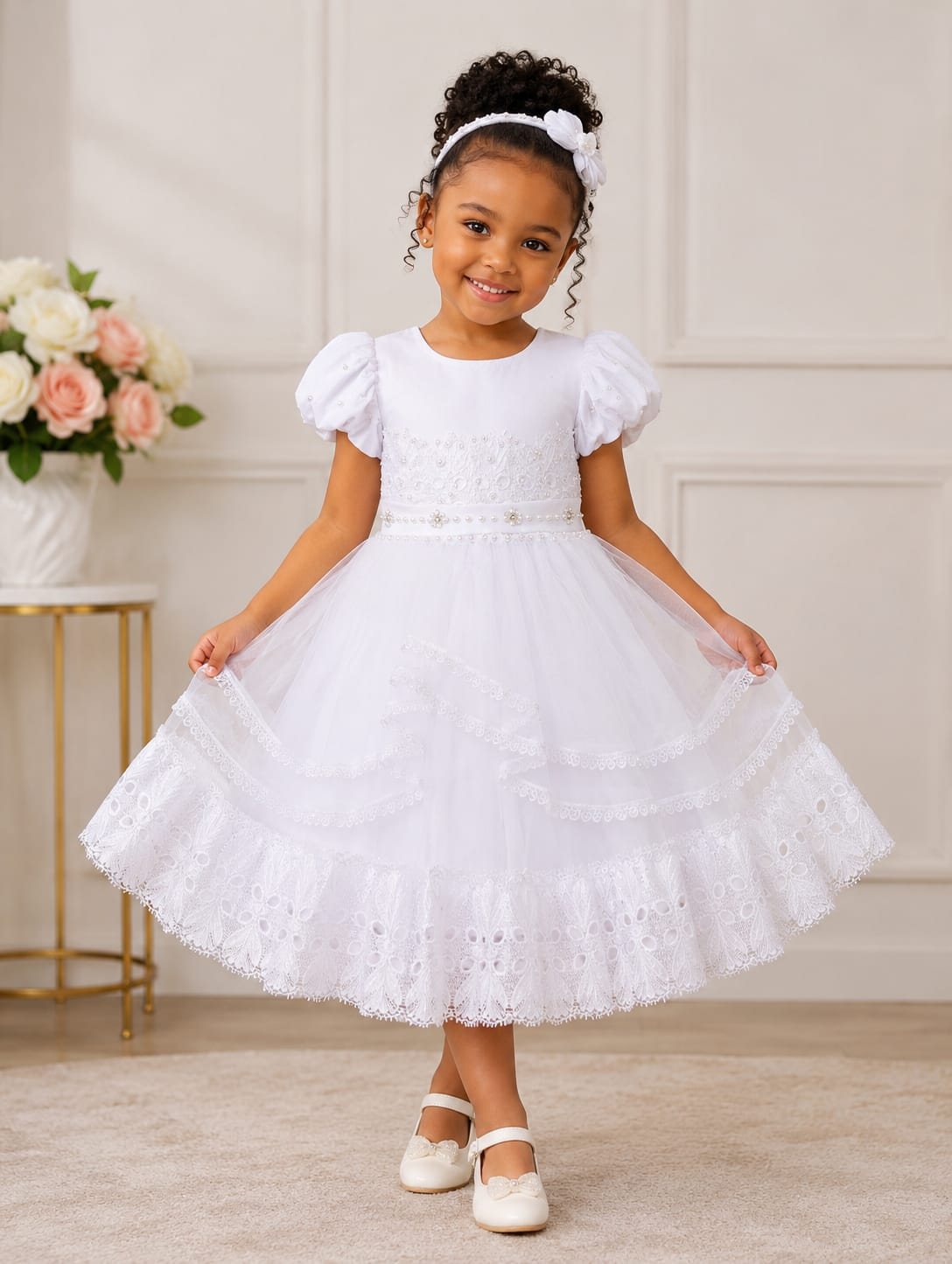Girls' Puff-Sleeve Tulle Dress with Lace Tiers (Cream / White / Blue)
