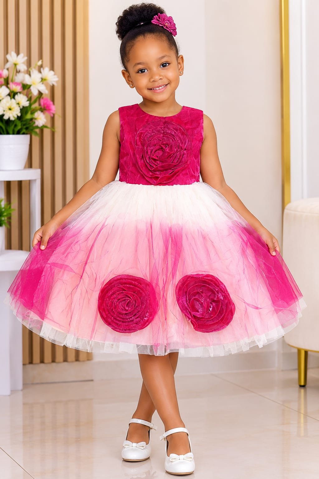 Girls' Rosette Tulle Party Dress, Sleeveless (4 Colours)