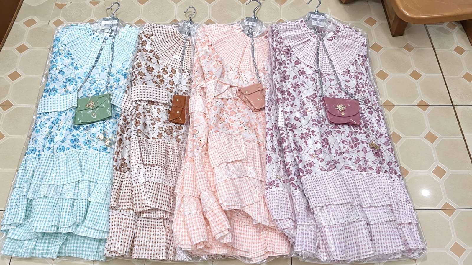Girls' Ruffle-Collar Floral Dress, Long Sleeve with Mini Bag (4 Colours)