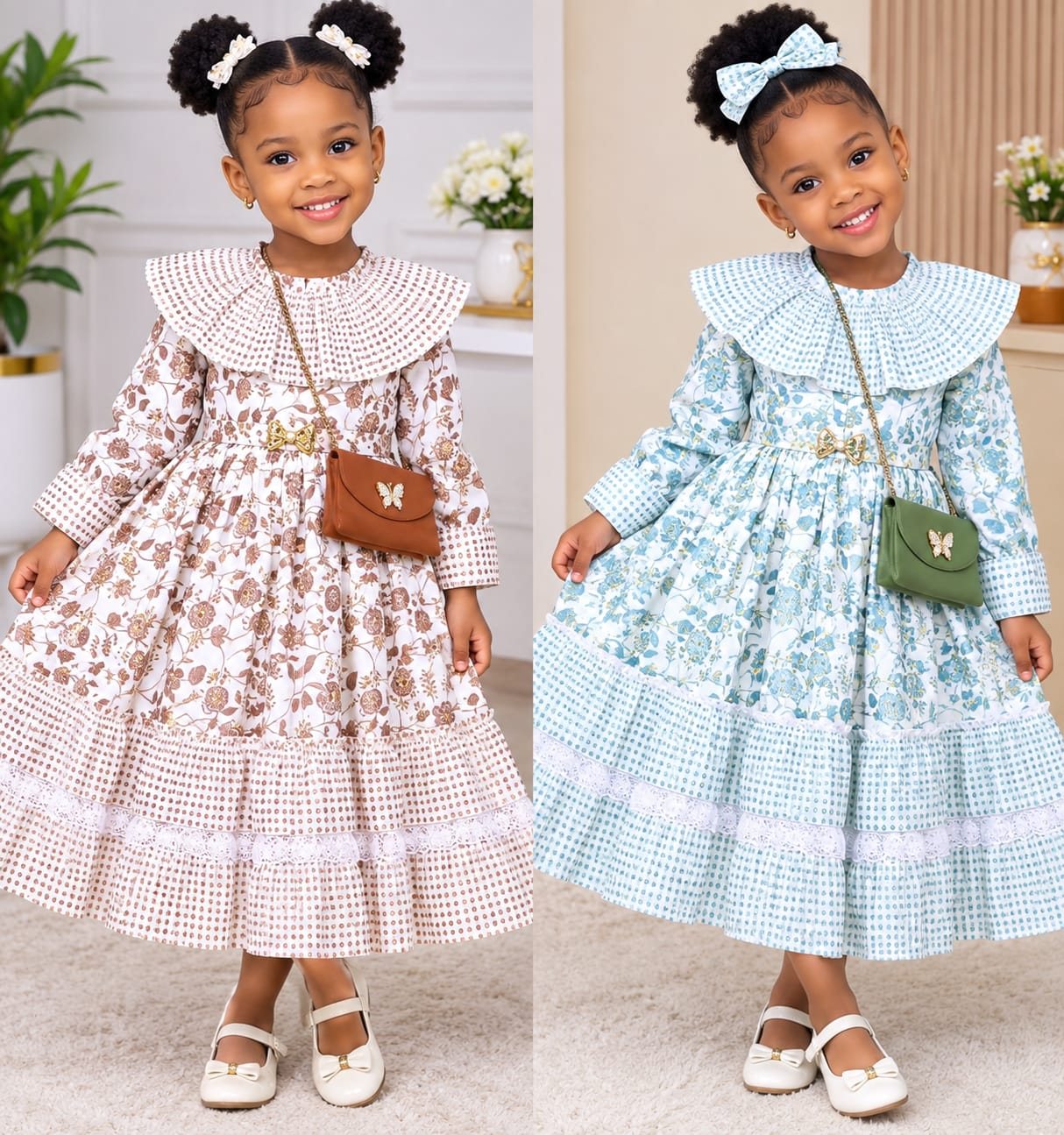 Girls' Ruffle-Collar Floral Dress, Long Sleeve with Mini Bag (4 Colours)